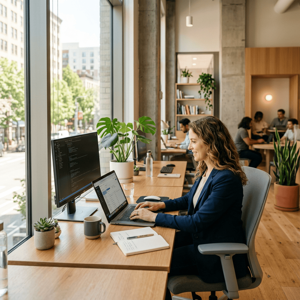 Professional woman working at a laptop beside a monitor in a coworking space