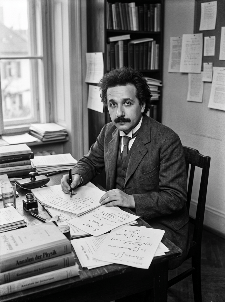 Mustached physicist writing equations at a desk surrounded by books
