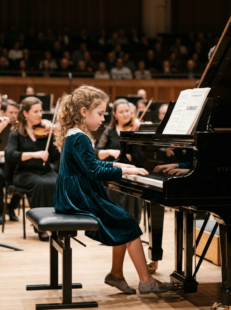 Young girl playing grand piano with orchestra behind her