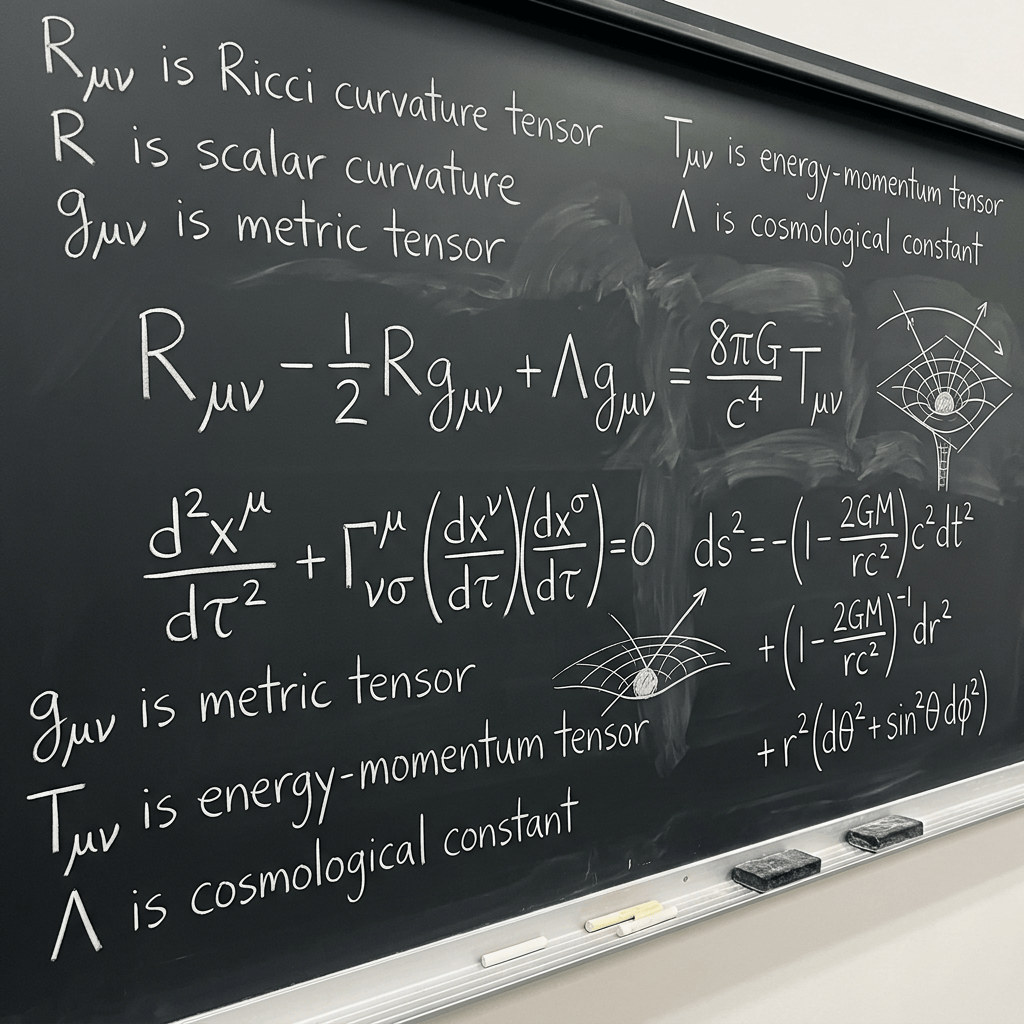 Chalkboard text defines Ricci curvature tensor, scalar curvature, metric tensor, energy-momentum tensor, and cosmological constant, with Einstein field equations and Schwarzschild metric.